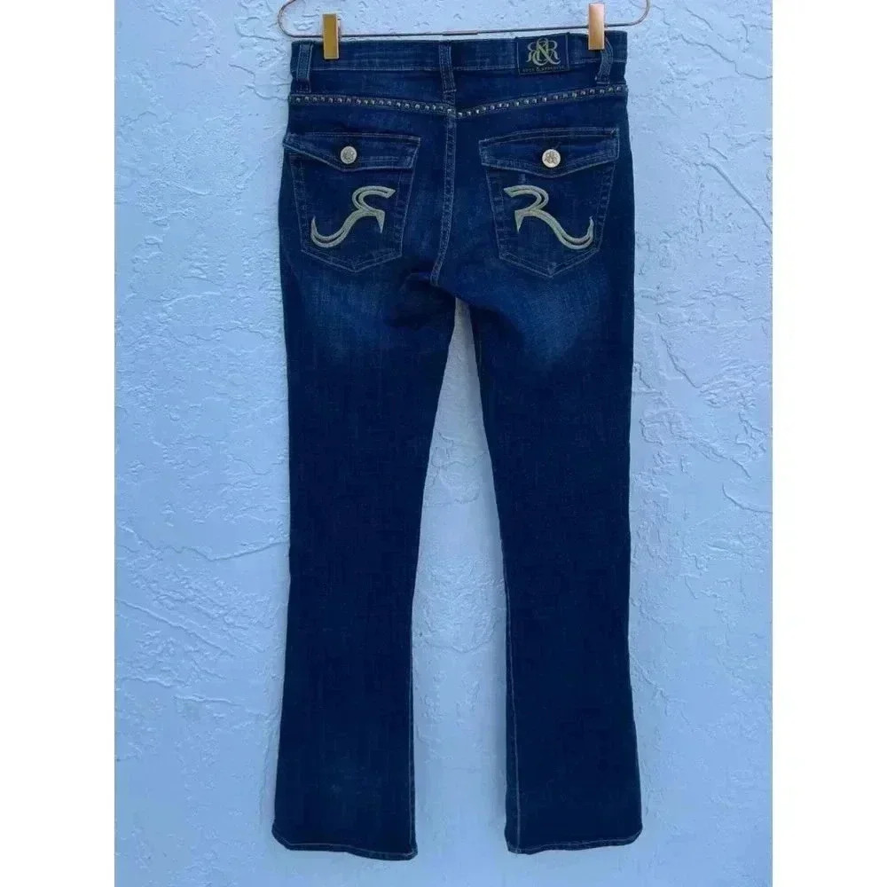 Rock & Republic Kasandra Womens Gold Studded Bootcut Denim Jeans Blue Sz 6M